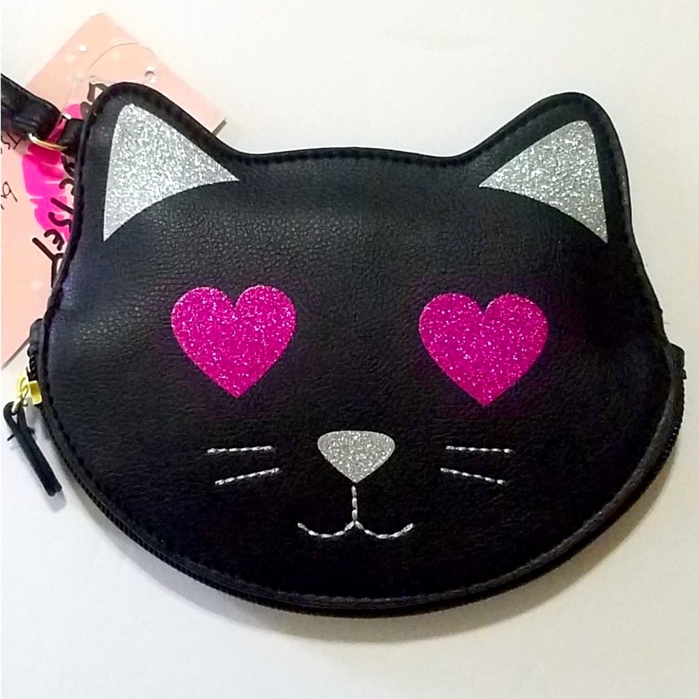 BETSEY JOHNSON LUV PURSE BLACK CAT WRISTLET KEY BAG PINK GLITTER HEART  NEW